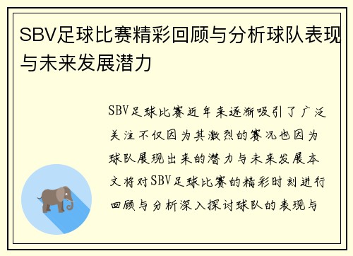 SBV足球比赛精彩回顾与分析球队表现与未来发展潜力