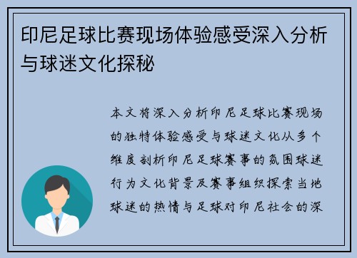 印尼足球比赛现场体验感受深入分析与球迷文化探秘