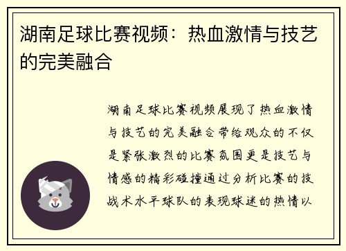 湖南足球比赛视频：热血激情与技艺的完美融合