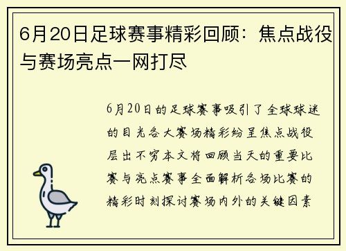 6月20日足球赛事精彩回顾：焦点战役与赛场亮点一网打尽